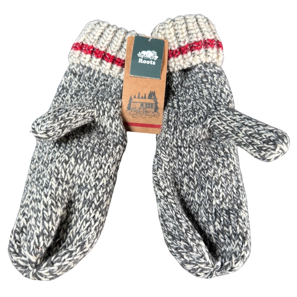 Roots Chunky Cabin Mitten Unisex OS Grey Oat Mix Knit Fleece Lined Winter Warm
